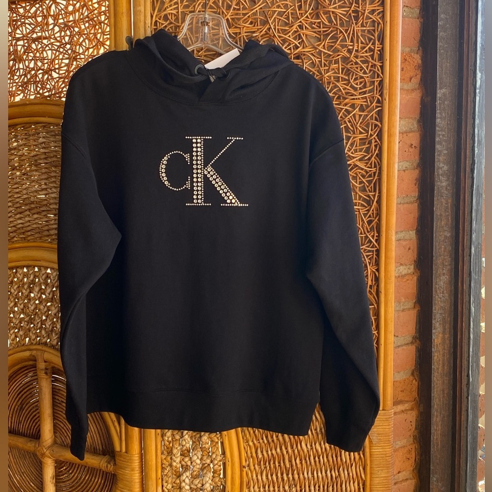 New Calvin Klein Black Hoodie Sweatshirt with Embellished Logo